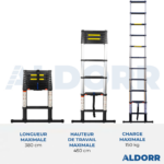 Echelle télescopique 3,80 mètres avec barre stabilisatrice télescopique - ALDORR Professional